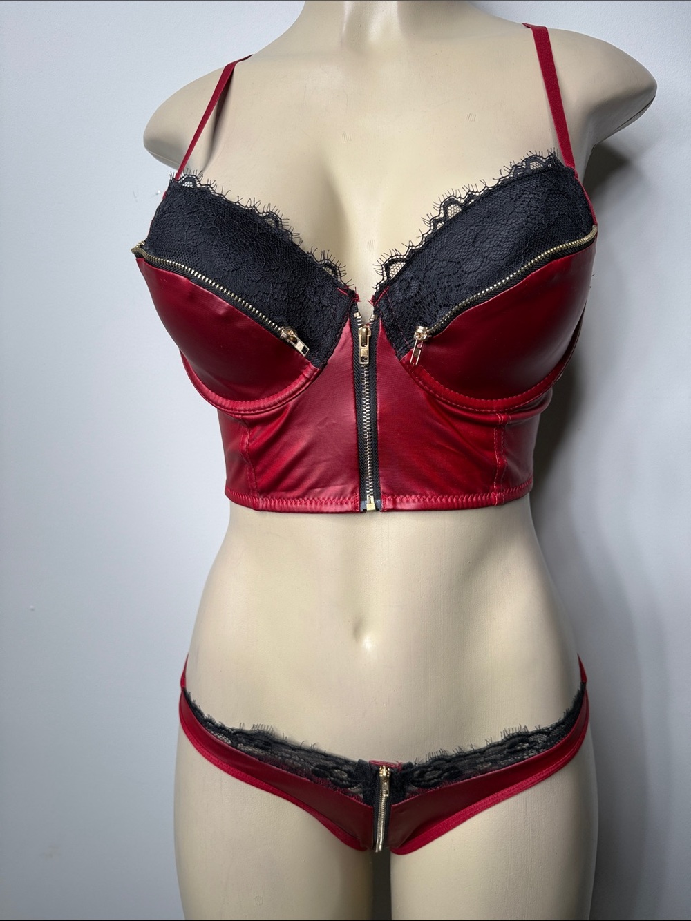 SHEIN Red Bustier & Lace-Trim Brief Set with Gold Zippers